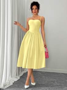 Rafferiza 女士时尚百搭吊带腰部喇叭下摆黄色连衣裙，适合约会、聚会、秋冬季