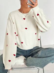 Flirla 情人节爱心图案圆领甜美优雅针织套头衫秋冬毛衣