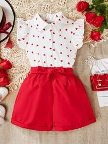 2pcs Valentine's Day Tween Girls Heart Print Collar Shirt And Shorts, Spring/Summer Casual Formal Outfit Set - Red and White - View 8
