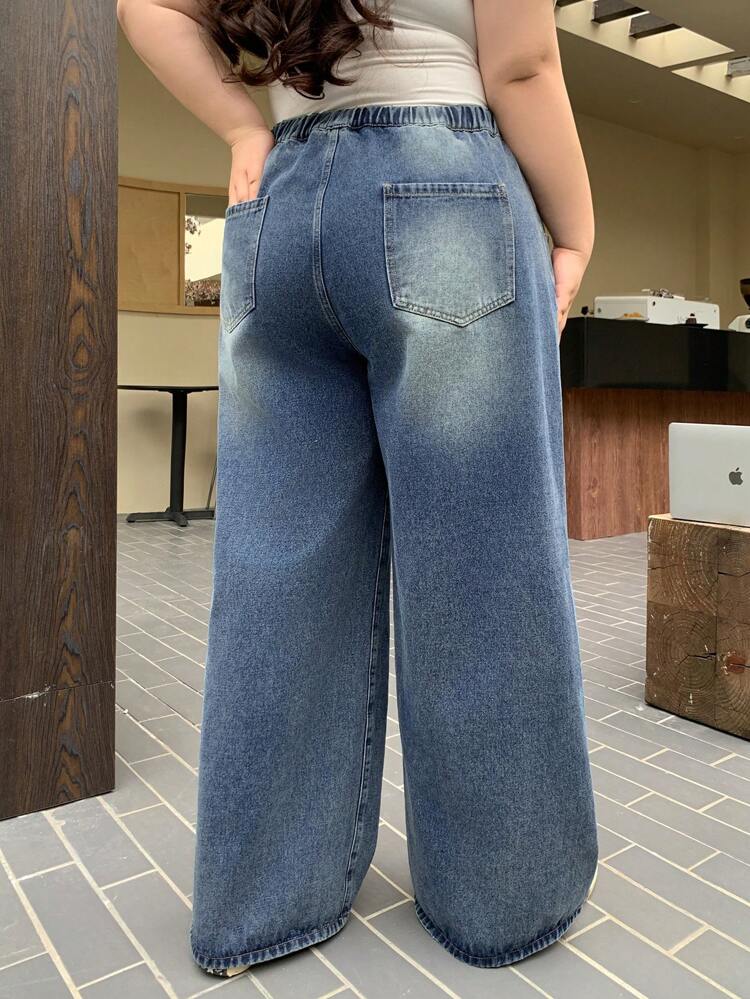 Plus Size Elastic Waist Drawstring Loose Long Denim Jeans, Suitable For All Seasons,Baggy Jeans