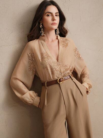 Anewsta Loose Semi-Sheer V-Neck Embroidered Long Sleeve Shirt With Colorful Sequin Detailing, Elegant Office Style For Women