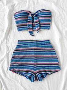 Soleia Conjunto de 2 piezas de top corto bandeau y shorts de cintura alta, conjunto de vestimenta para playa