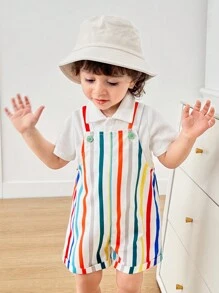 Baby Boy Casual Sports Cute Funny Colorful Romper With Suspender Shorts, Suitable For Spring & Summer, Wear At Home Or Go Out
