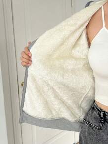 SHEIN EZwear Plus Size Women Thermal Lined Gray Hooded Casual Jacket, Autumn/Winter