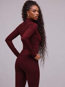 Musera Sport 高领全拉链修身长袖运动外套，适合板式网球、网球、匹克球等运动，秋冬季健身房穿着。 - 酒紅色 - 查看 4