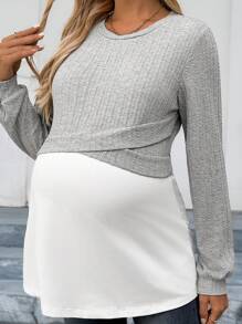 SHEIN Maternity Autumn Casual Color Block 2 In 1 Sweatshirt
