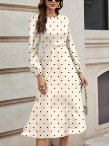 SHEIN Clasi 休闲波尔卡圆点印花连衣裙，适合春季春装女士连衣裙优雅教师服女士早午餐服装 - 杏色 - 查看 5