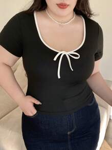 Dazy Plus Color Block Bowknot Tie Up Fitted Cropped T-Shirt, Spring & Summer - Black - View 4