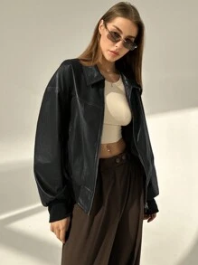 Aloruh New Vintage Style Stand Collar American Contrast Stitching Jacket Outerwear - Black - View 4