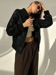 Aloruh New Vintage Style Stand Collar American Contrast Stitching Jacket Outerwear - Black - View 6