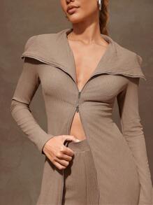 Denimoi Women's Solid Color Zip-Up Long Sleeve Ribbed Jumpsuit - Khaki - View 2