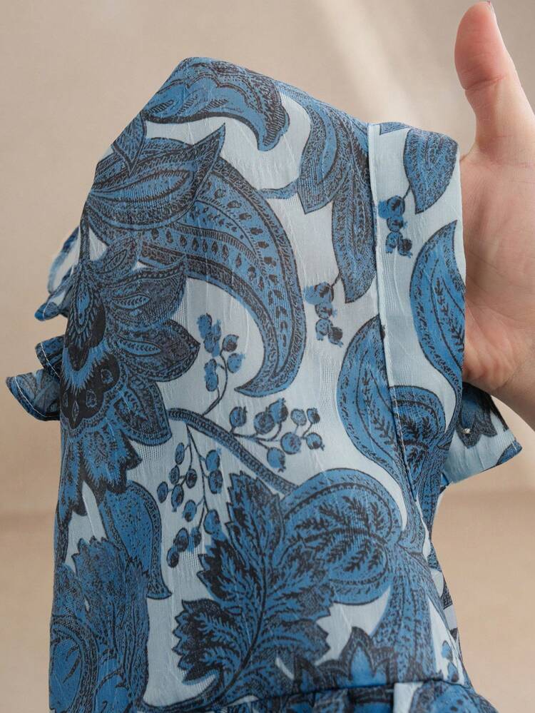 Blouse à manches longues avec col montant, volants et imprimé floral, élégante pour les vacances, la Saint-Valentin et le Nouvel An