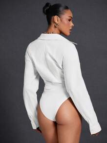 Hauture Button Down Collar Seam Detail Long Sleeve Bodysuit