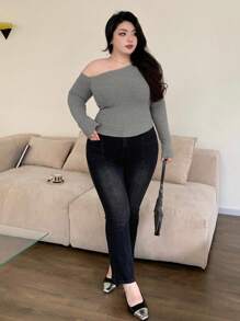 Dazy Plus 纯色修身露肩长袖T恤，春夏秋装