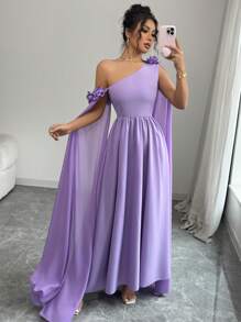 Rafferiza French Elegant Asymmetric Floral Print Sheer Ruffle Waist A-Line Dress For Women, Suitable For Daily, Party, Spring/Summer - Mauve Purple - View 7