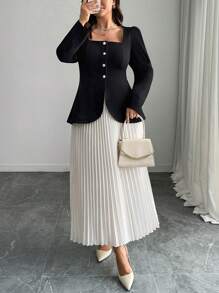 Elenzga 2pcs/Set Plus Size Solid Color Button Front Long Sleeve Blouse And A-Line Skirt Fall Cloth For Women - Black and White - View 4