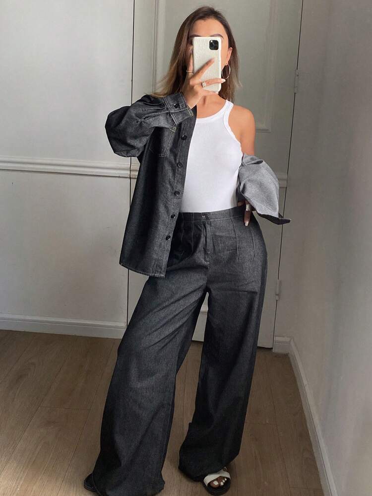 2pcs Women Denim Shirt And Jeans 2 Pieces Set