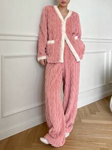 DAZY 2pcs Textured Flannel Patchwork Design Casual Loose Pajama Set,Thermal Lined - Pink - View 1