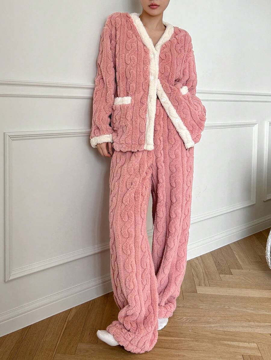 DAZY 2pcs Textured Flannel Patchwork Design Casual Loose Pajama Set,Thermal Lined - Pink - View 1