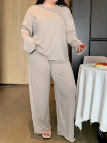 Dazy Plus Ensemble de pyjama à col rond unicolore et ample, vêtements de nuit pour toutes les saisons