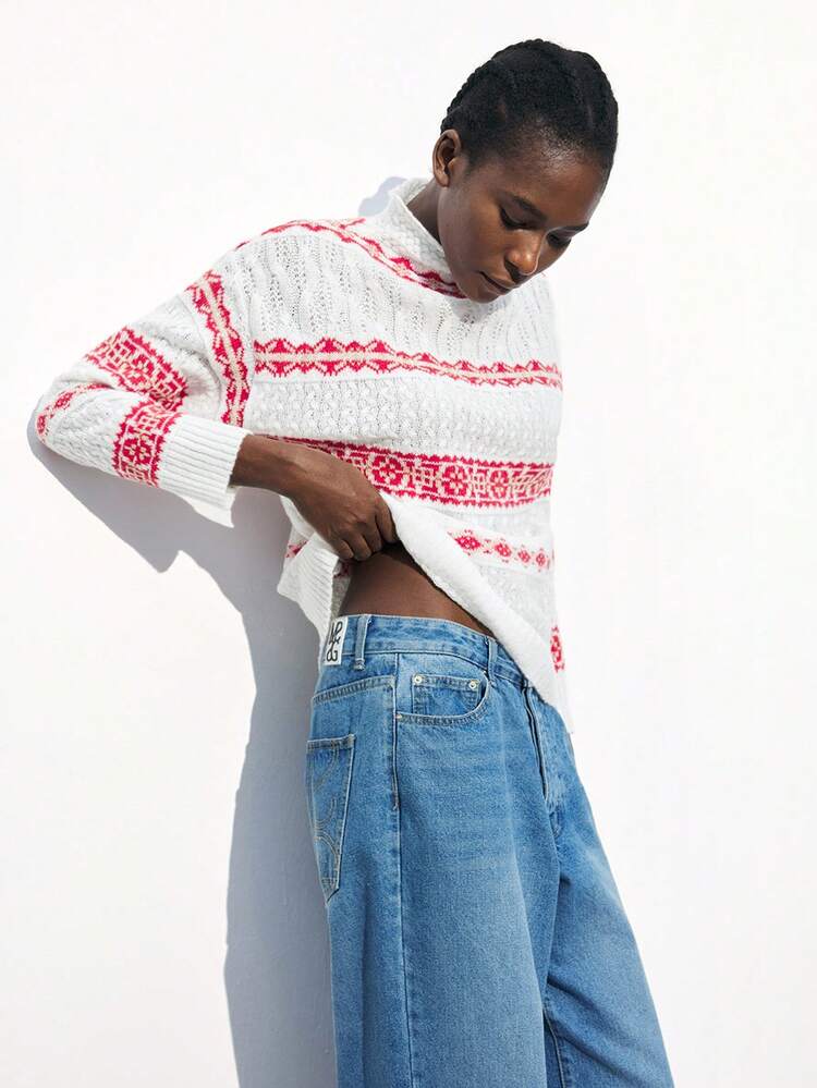 SHEIN Maija Femmes Sweater ample en maille avec col montant, motif géométrique et épaules tombantes, Festival