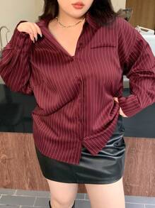 Dazy Plus 加大码常规领条纹宽松长袖衬衫，适合农历新年、春夏秋、秋季女装 - 酒紅色 - 查看 6