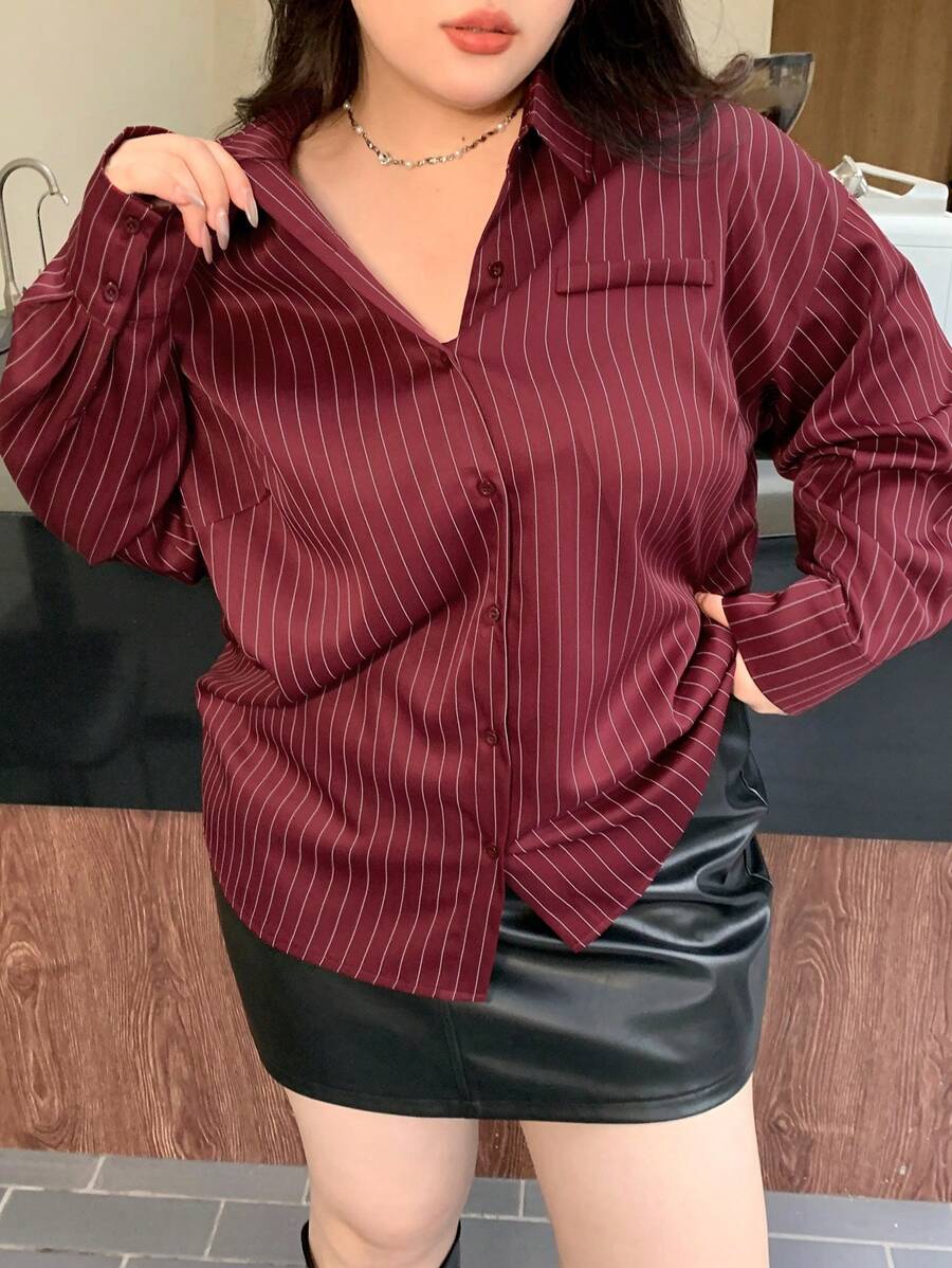 Dazy Plus Camisa de manga larga holgada con cuello regular a rayas, adecuada para Navidad, Año Nuevo Chino, primavera/verano/otoño, ropa de mujer de talla grande