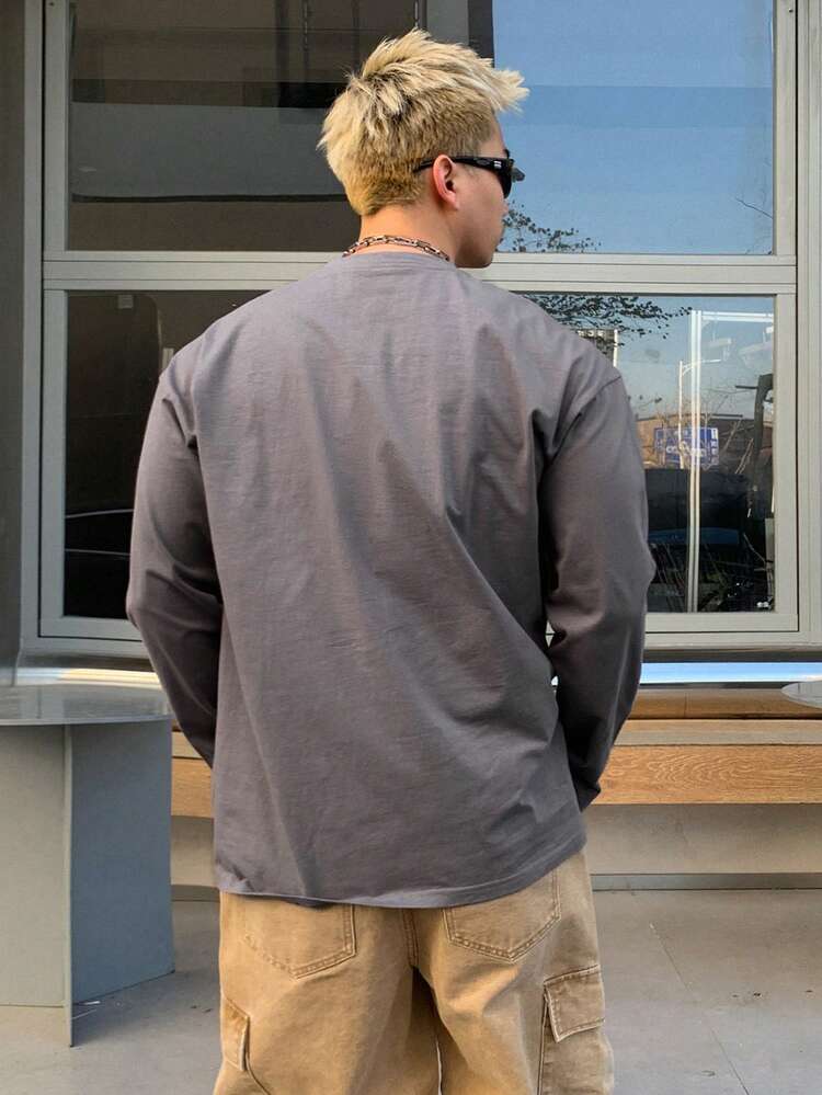 Spring Vintage Character & Letter Print Gray Embroidered Men's T-Shirt,Graphic Tees Fall,Winter