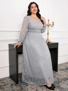 Modelyn 大码女式甜心领口灯笼袖蕾丝长款优雅连衣裙 - 灰色 - 查看 4