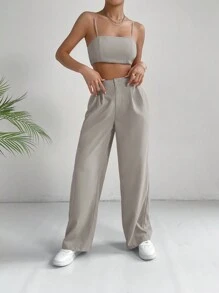 SHEIN EZwear Top corto de color rosa sólido y pantalones de pierna ancha estilo para ir al trabajo - Gris Claro - Ver 4