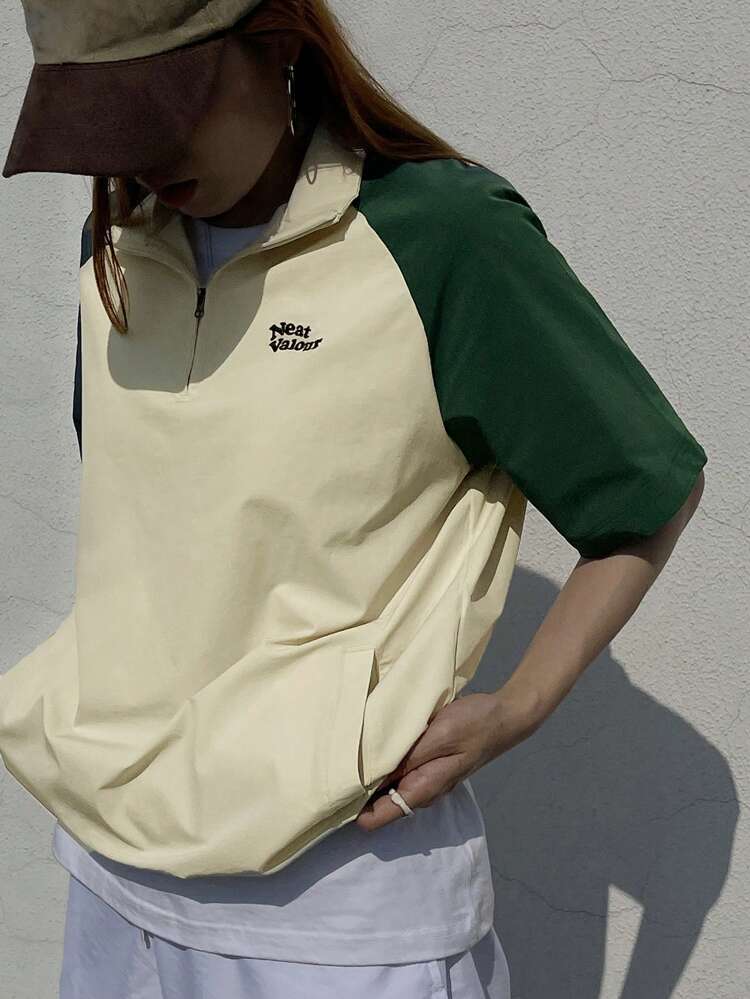 Women's Loose Color Block Zipper Half-Placket Short Sleeve Blouse, Apricot, Spring/Summer