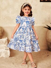 SHEIN Vestido midi de manga abullonada, cuello redondo, cintura recogida, con estampado de paisaje, elegante y retro, casual y suelto, para vacaciones, para niña - Azul - Ver 10