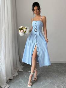 Chiquease Cài nút phía trước một hàng khuy, có thắt lưng, phong cách ngày lễ, thanh lịch và thời trang khi đi chơi, váy chữ A dài vừa phải màu xanh lam có dây đeo cho nữ, váy midi mùa hè, váy cài nút cho nữ, váy suông cho nữ, váy đi nghỉ cho nữ, váy chống nắng cho nữ - Màu xanh lam - Xem 5