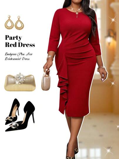 Fleurora Autumn And Winter Christmas Party Dress Elegant Vintage Work Wedding Cocktail Party Deep Red Knitted Round Neck Pencil Flounce New Product Bodycon Dress Plus Size Dresses Bridesmaid Dress