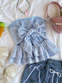 Soleia 女人度假女士休闲天蓝色提花领带露背荷叶边抹胸夏季可爱午餐休闲返校天蓝色上衣