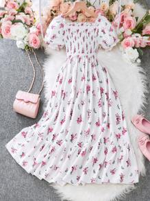 1pc Tween Girl Floral Print Pastoral Style V-Neck Dress, Spring/Summer - White - View 1