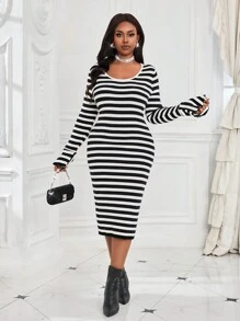 SHEIN Lady Vestido elegante con escote redondo de lana peinada negro y blanco para trabajo y oficina, vestido lápiz con volantes en las mangas, talla grande tallas, vestido de punto largo con mangas para otoño e invierno - Blanco y Negro - Ver 6