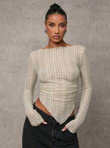 SHEIN BAE 1 件女式花卉蕾丝圆领长袖不对称下摆修身衬衫 - 杏色 - 查看 1