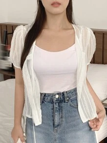 DAZY Women Round Neck Textured Casual Short Sleeve Tie Front Blouse Summer - White - View 2