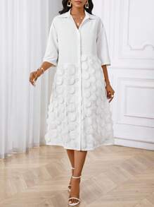 SHEIN Lady Robe chemise mi-longue avec col tressé beige élégante pour le travail de bureau, avec contraste de mesh, manches trois-quarts, convenant pour le printemps, l'été et l'automne - Blanc - Voir 3