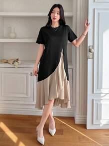 DAZY 女式拼色荷叶边下摆T恤连衣裙太阳裙，休闲女装