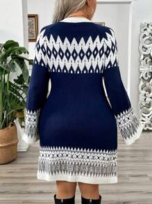 Calvaya Plus Size Retro Vibe Color Block V-Neck Jacquard Knit Sweater Dress Fall Winter Cloth For Women - Multicolor - View 2