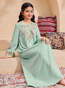 SHEIN Tween Girls Casual V-Neck Super Long Metallic Trim Fringed Loose Dress