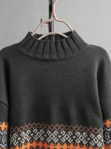 SHEIN LUNE 女士复古休闲提花拼色套头衫，适合万圣节、新年、情人节、感恩节、圣诞节、复活节、国庆节、联欢晚会、除夕、大码、秋冬季