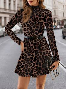 SHEIN Clasi Leopard Print Waist-Cinching A-Line Dress For Women - Rust Brown - View 4