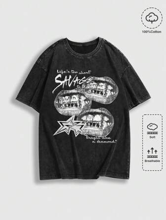 Grunge Punk Maglietta casual da uomo a maniche corte con stampa slogan a labbra