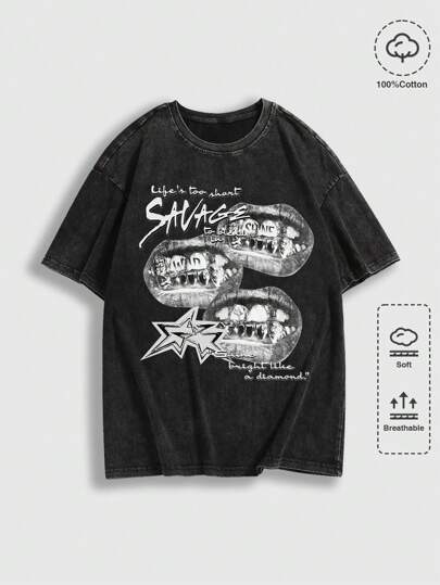 Grunge Punk T-shirt à manches courtes décontracté pour homme avec imprimé slogan de lèvres