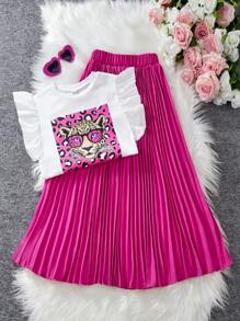 Sparklyn 2 Pieces Tween Girl Leopard Print Cap Sleeve Ruffle Hem T-Shirt With Pleated Skirt Set, Spring/Summer, School, Campus, College Summer Holiday - Red and White - View 4