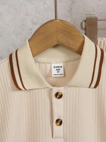 SHEIN Vintaside Kids 2件套男童纹理Polo领衬衫和裤子。撞色Polo领带来层次感，做工精细，全新设计简约时尚，展现男童的个性魅力，适合日常休闲和上学场合，满足4-7岁儿童夏季度假、旅行、放松、日光浴的需求。 - 杏色 - 查看 3
