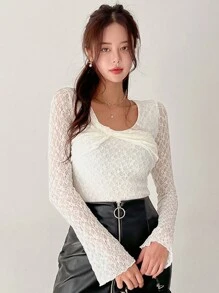DAZY 女式蕾丝拼布扭纹高领长袖紧身 T 恤，白色，春夏、秋季女装 - 白色 - 查看 6